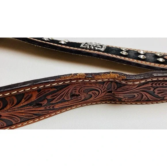 Nocona Women's Concho Leather Rhinestone Silver‎ Floral Buckle 2-Tone Belt Sz 38 - Picture 6 of 8